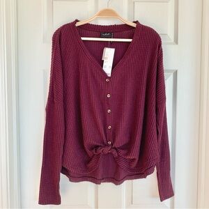 Maroon Bordeaux Waffle Knit Thermal Oversized Knot Front Long Sleeve Tee Shirt